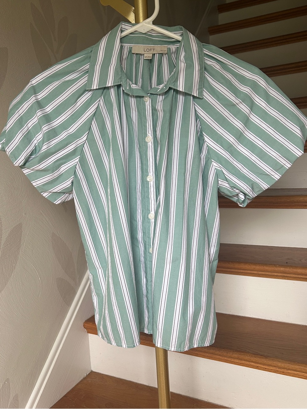 LOFT Mint Green and White Striped Short Bubble Sleeve Button-Up Blouse